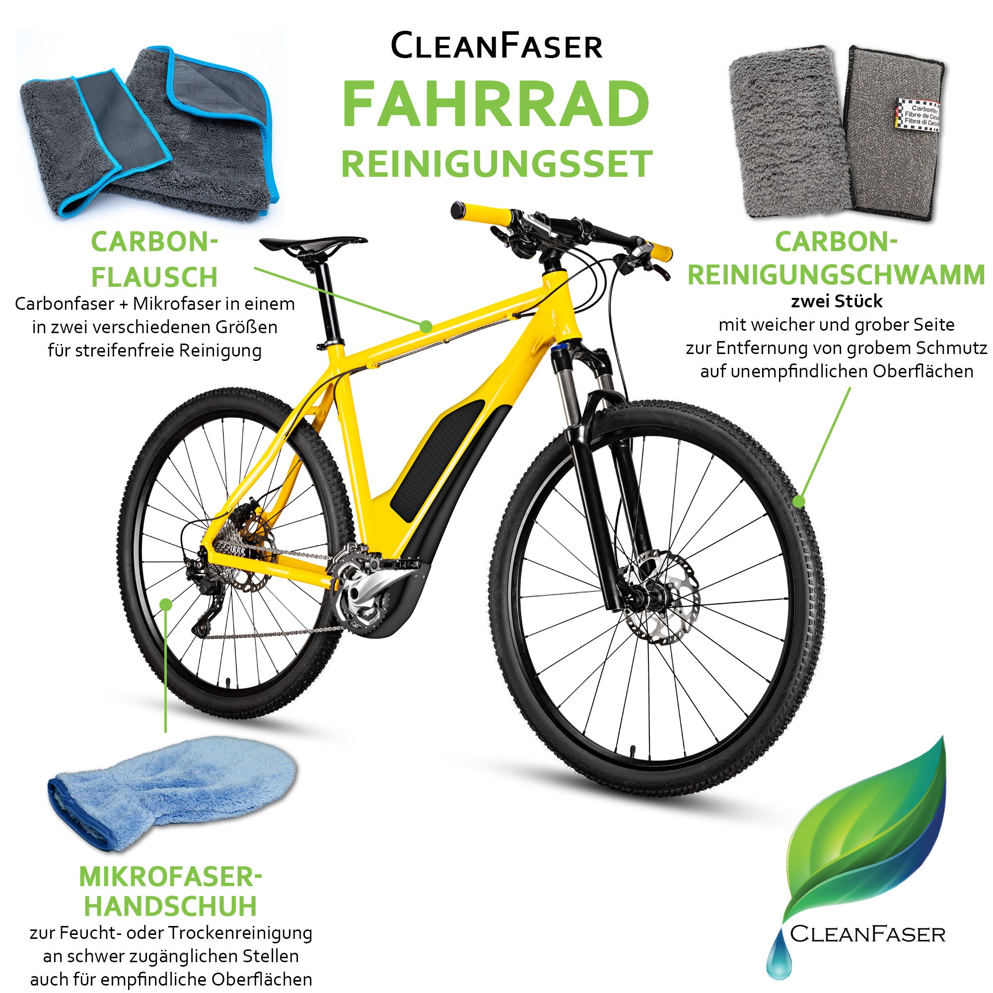Mikrofaser Reinigungsset für Fahrrad / E-Bike / Mountainbike - Cleanfaser
