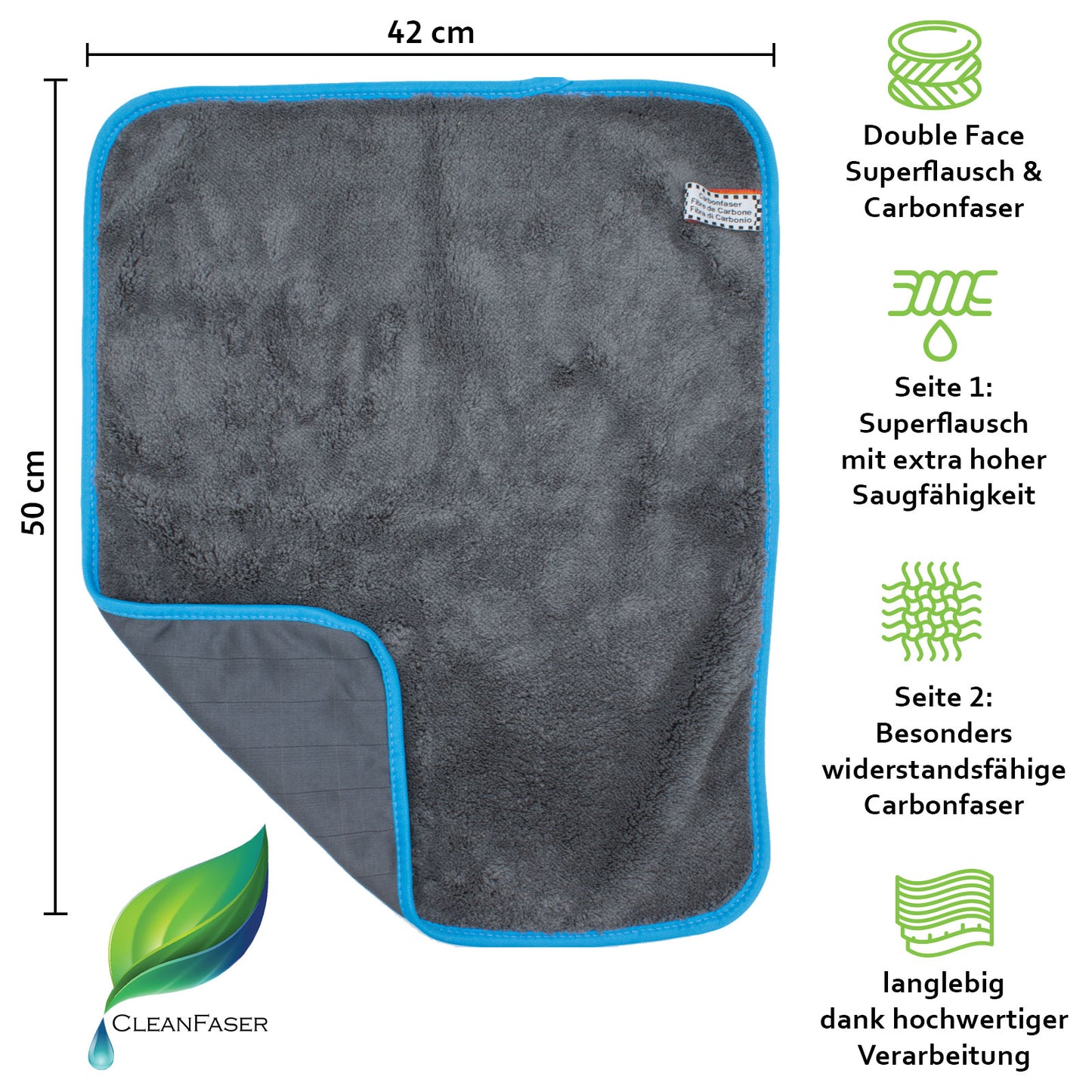Carbonflausch Dry & Polish · Reinigungs- und Trockentuch · Carbonfaser und Mikrofaser - Cleanfaser